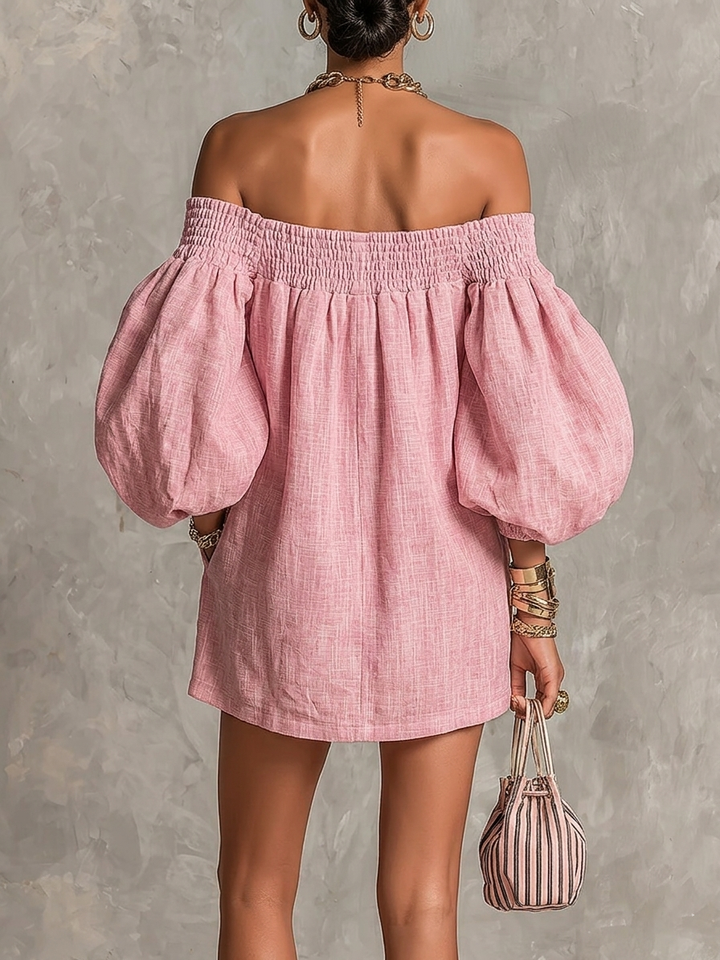 Rosabelle | Mini Robe Trapèze Ample, Manches Lanterne, Épaules Dénudées Roses
