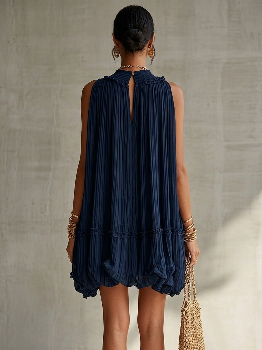 Océane | Mini Robe à Volants, Col Halter, Bleu Marine