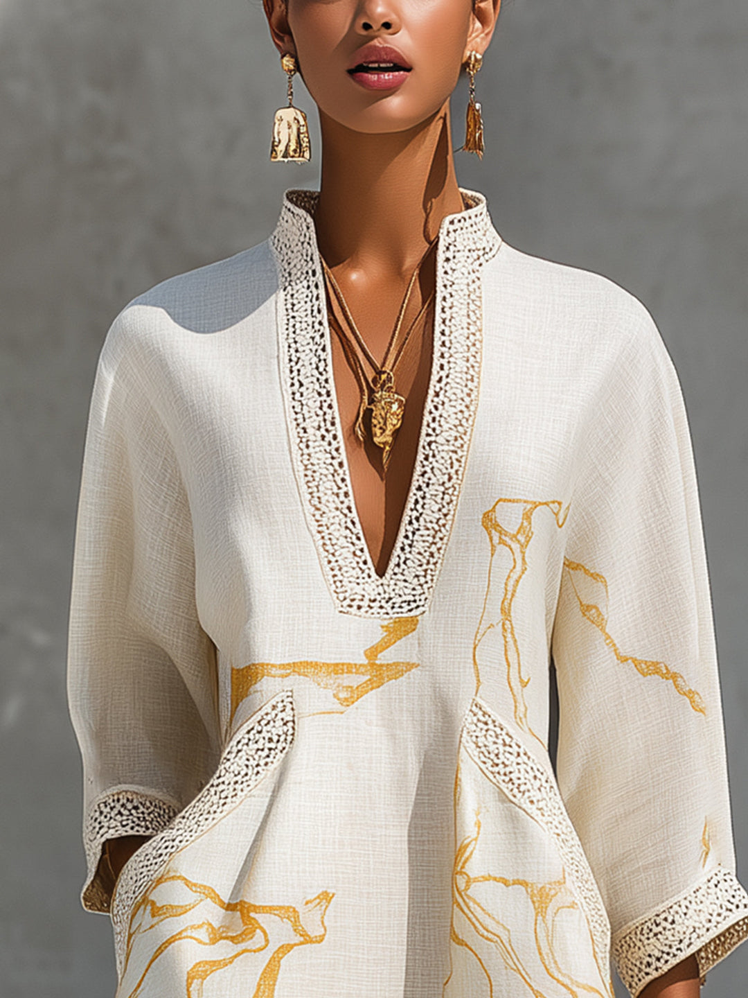 Mini Robe Ivoire — col montant, imprimé marbré doré