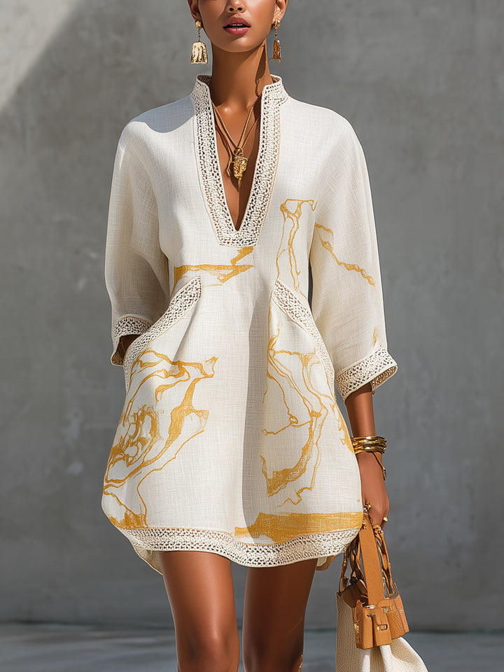 Mini Robe Ivoire — col montant, imprimé marbré doré