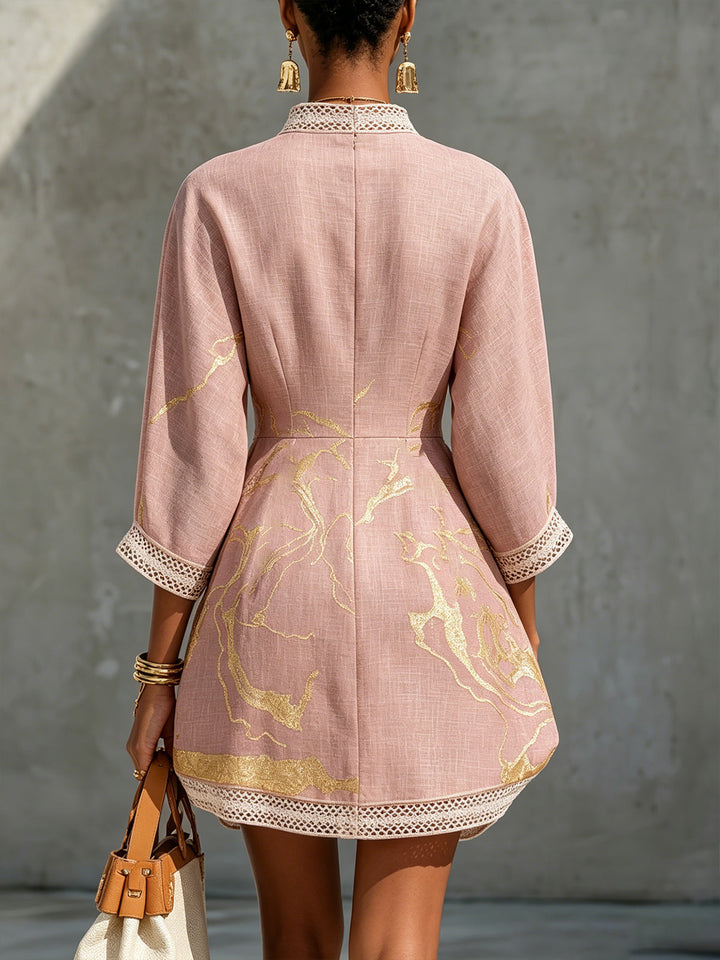 Aurore | Mini Robe Col en V, Imprimé Or Rose