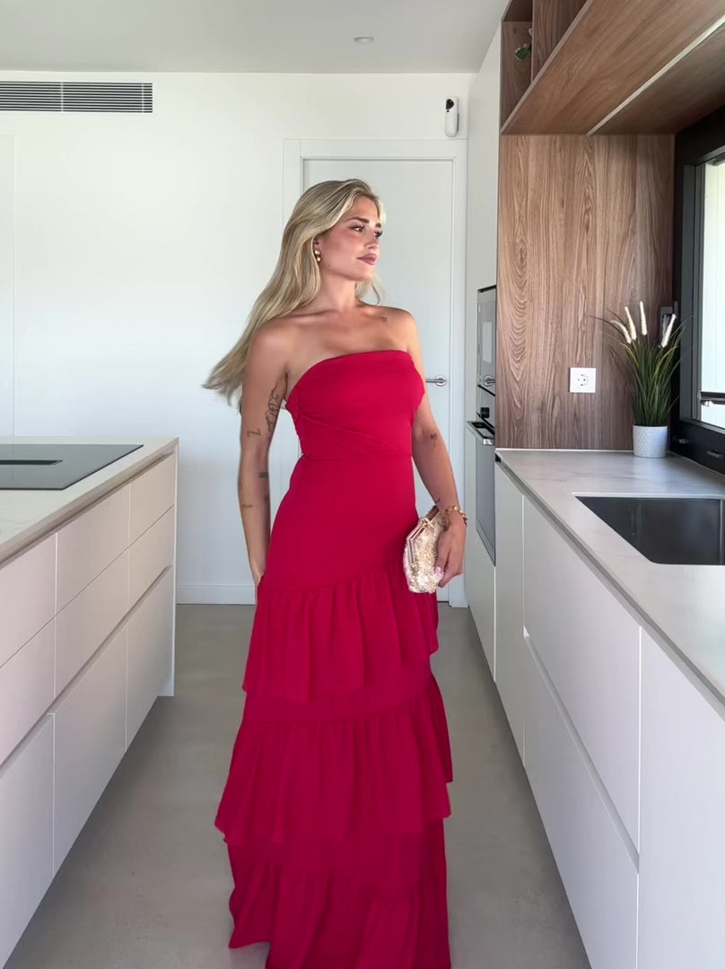 Robe Rosalie — bustier, volants, crêpe, rouge